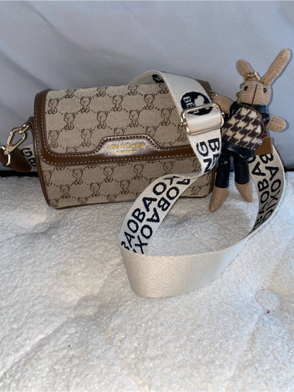 Beige Monogram Crossbody Bag with Strap Charm bei baobao